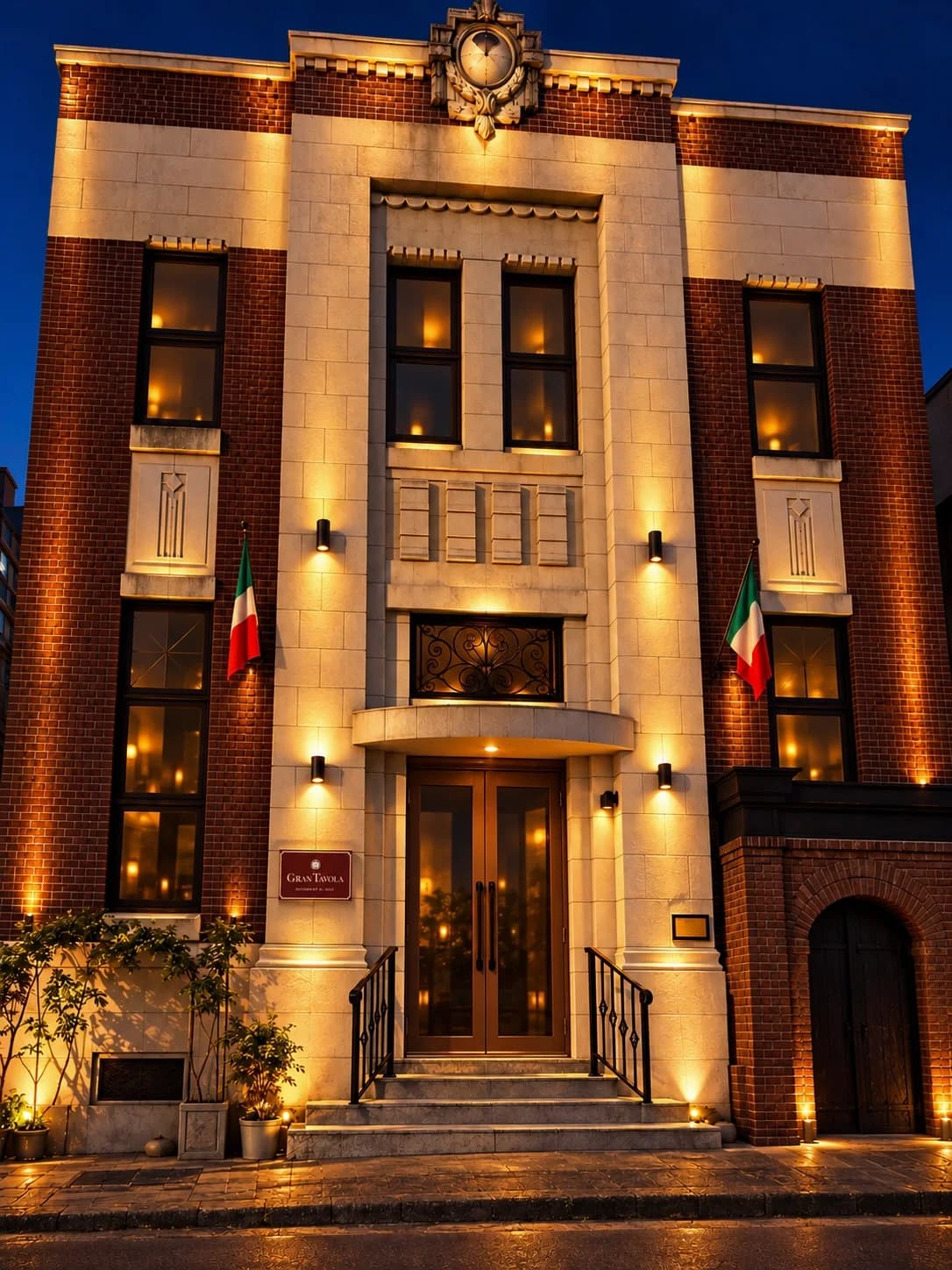 ライトアップされた夜の店舗外観